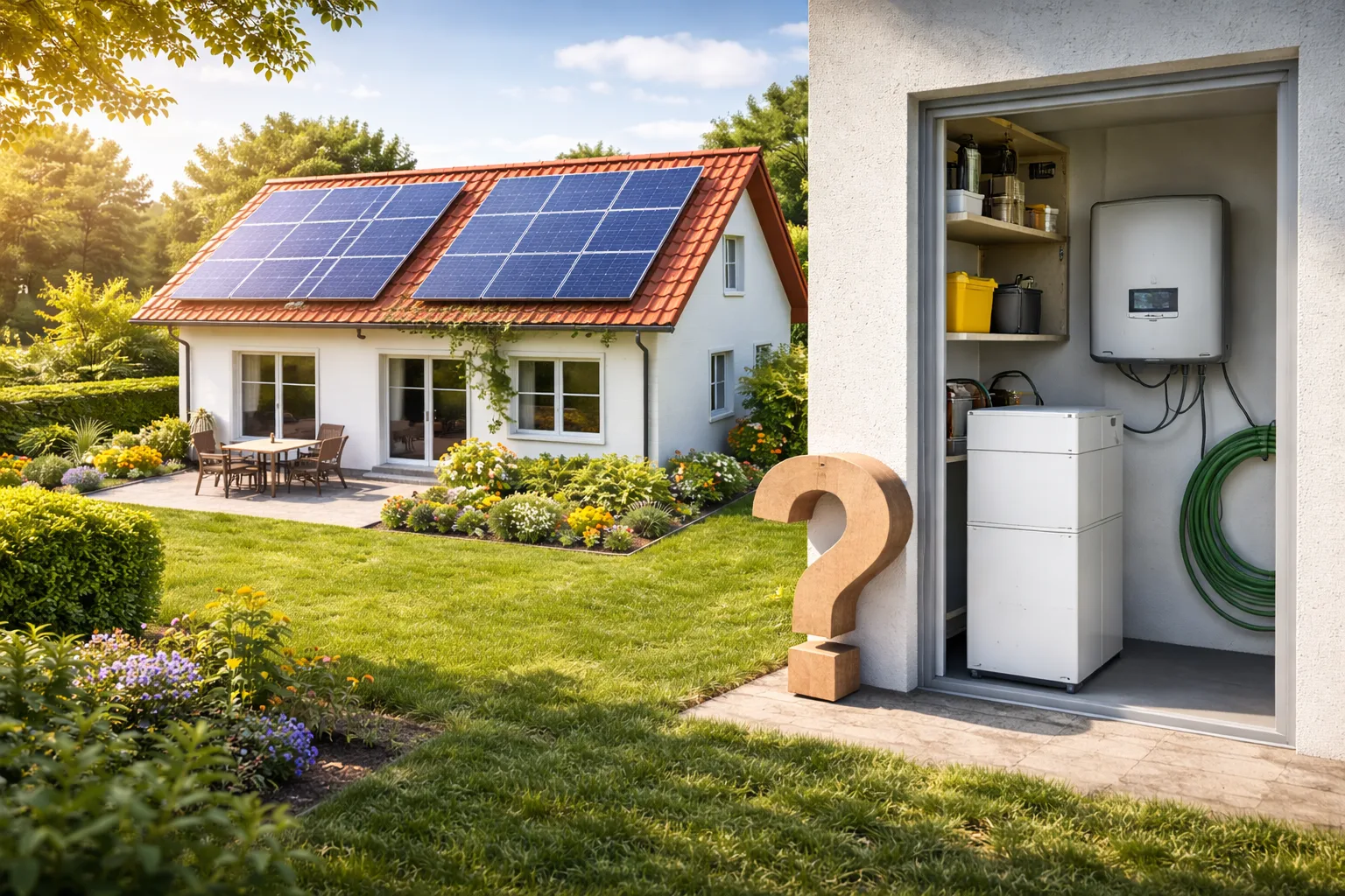 Einfamilienhaus mit Photovoltaikanlage auf dem Dach und sichtbarem Batteriespeicher im Technikraum als Vergleich für PV-Anlage mit oder ohne Speicher