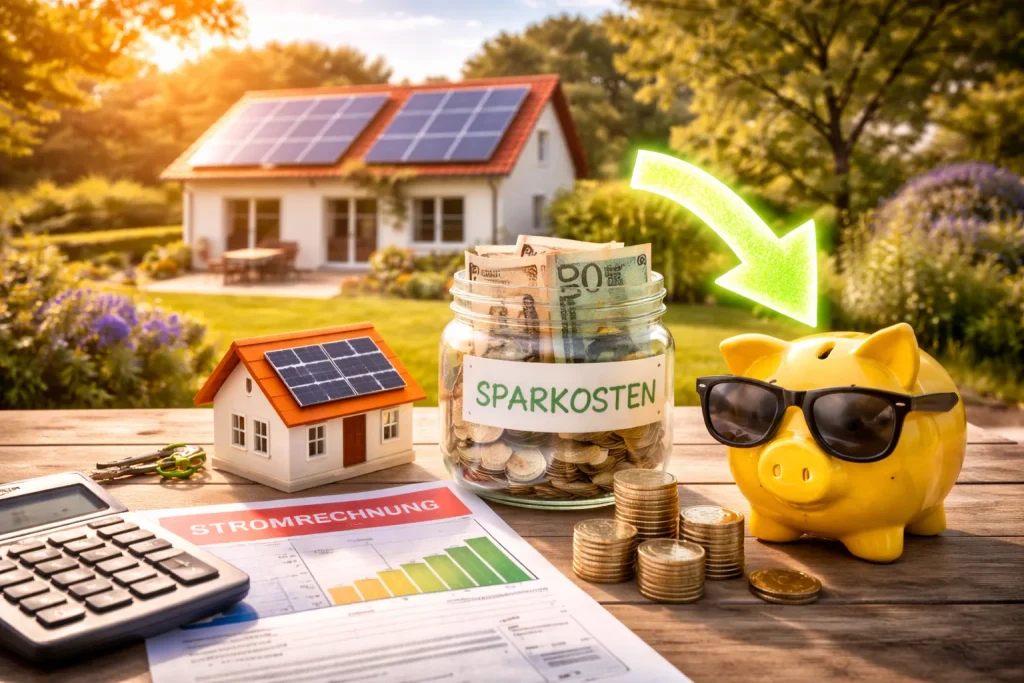 Darstellung von Stromkostenersparnis durch Photovoltaikanlage mit Geld, Stromrechnung und Haus mit Solarmodulen im Hintergrund